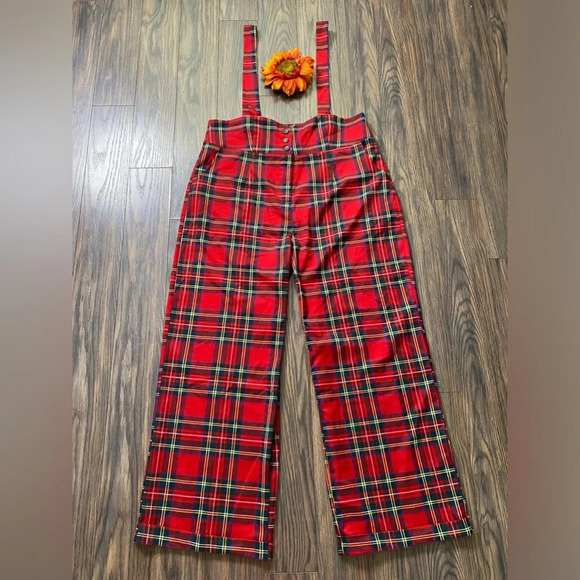 🦋B2G1🦋ROYAL MONK MODCLOTH Red Tartan Plaid Suspender Pants NWT | 2XL | - Picture 1 of 9